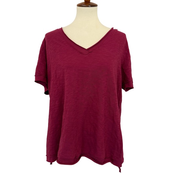 Project Social T Tops - NWT PROJECT SOCIAL T V Neck Distressed Hem T‎ Shirt Berry Red Size M 100% Cotton